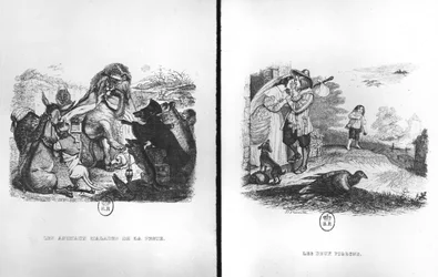 Animals with the Plague and The Two Pigeons, illustrations from the Fables of La Fontaine